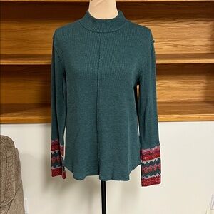 Maurices Teal Long Sleeve Top with Red Patterned Cuffs